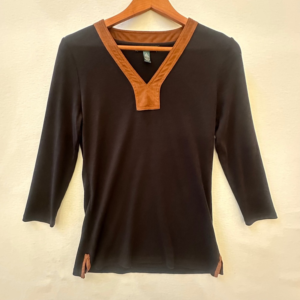 Lauren Ralph Lauren Womens Black Cotton V-Neck Top Brown Suede Trim Small